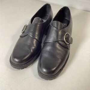 VTG 90s Y2K Black Leather Womens Loafers 9 Chunky Heel Monkstrap Buckle Academia